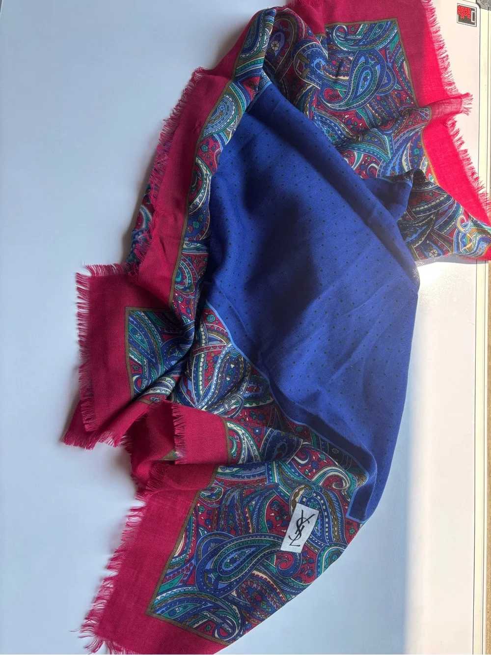 Yves Saint Laurent Red Paisley Fringe Scarf 35”x35” unique vintage